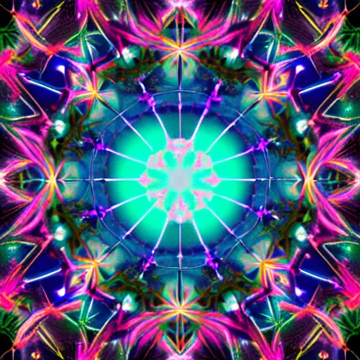 Prompt: a photo of a distant nebular in space with geometric kaleidoscopic pattern of neon colors trending 4 k intricate digital art