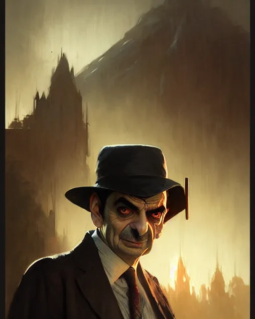 Image similar to mr bean vampire hunter, fine details, realistic shaded lighting poster by greg rutkowski, magali villeneuve, artgerm, jeremy lipkin and michael garmash and rob rey