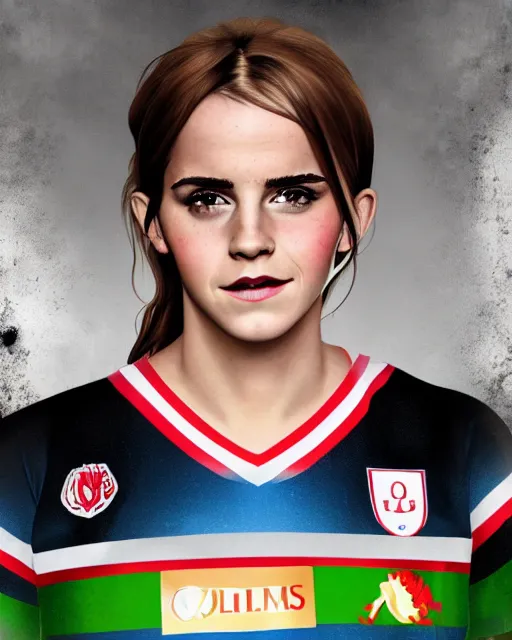 Image similar to a portrait of emma watson as a lokomotiv football player, hyper realistic