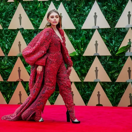 Prompt: elizabeth olsen walking on the red carpet, wearing an avocado suit with the pith in the middle, trending on unsplash, 4 k quality, intricate