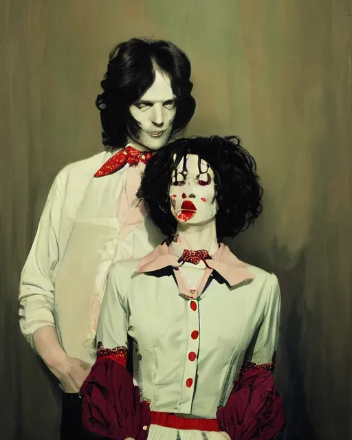 Image similar to a man and a woman who are beautiful but creepy, wearing vivienne westwood collars in layers of fear, with haunted eyes and dark hair, 1 9 7 0 s, seventies, wallpaper, a little blood, morning light showing injuries, delicate embellishments, painterly, offset printing technique, by brom, robert henri, walter popp