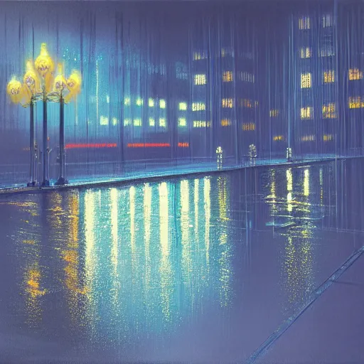 Prompt: a painting of the Imperial Palace, raining, mist, night, cyberpunk, 8k by Syd Mead - n 9