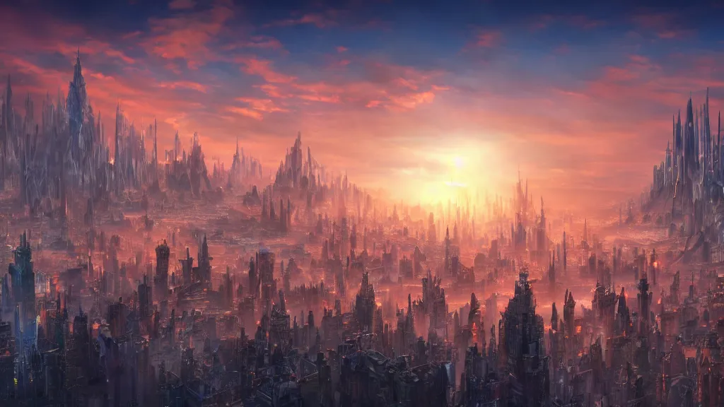 Prompt: sunrise over a fantasy city