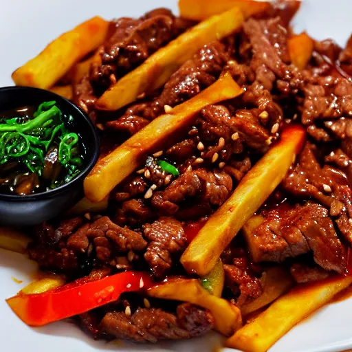 Prompt: dslr food photograph of stir fried beef, tomato wedges, french fries in dark soy sauce, served with rice, 8 5 mm f 1. 8