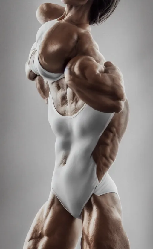 Prompt: realistic colorful photo portreit of extremely beautiful bodybuilder woman posing in white peignoir, full leight, ultra rendered extreme realism and detail, 8 k, highly detailed, realistic, photorealistic,