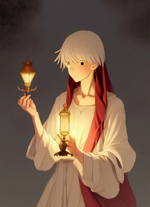 Image similar to florence italy in 1 8 2 0, an angel holds a nightingale bird in one outstretched hand and a turkish lamp in the other, finely detailed perfect art, gapmoe yandere grimdark, trending on pixiv fanbox, painted by greg rutkowski makoto shinkai takashi takeuchi studio ghibli