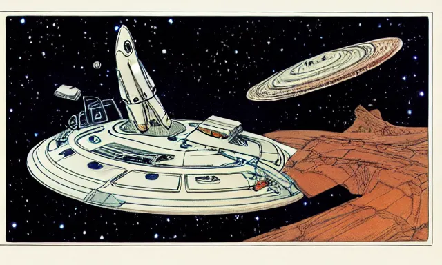 Image similar to spaceship, orbit of mars, michael kaluta