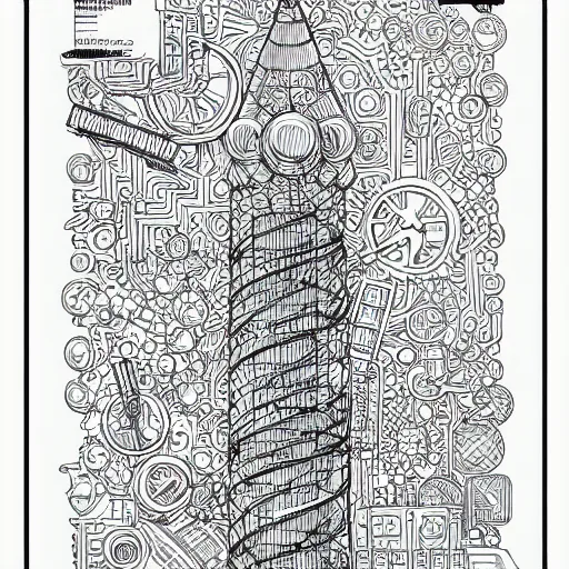 Image similar to Simplistic coloring book of a turbine blueprint, black ball pen on white paper, by Josan Gonzalez and Geof Darrow