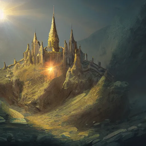 Image similar to The royal castle of a sacred family hidden at the bottom of a large sand cavern. A ray of light shines on the castle from above. Concept art, trending on artstation, matte painting, detailed, ultra high quality