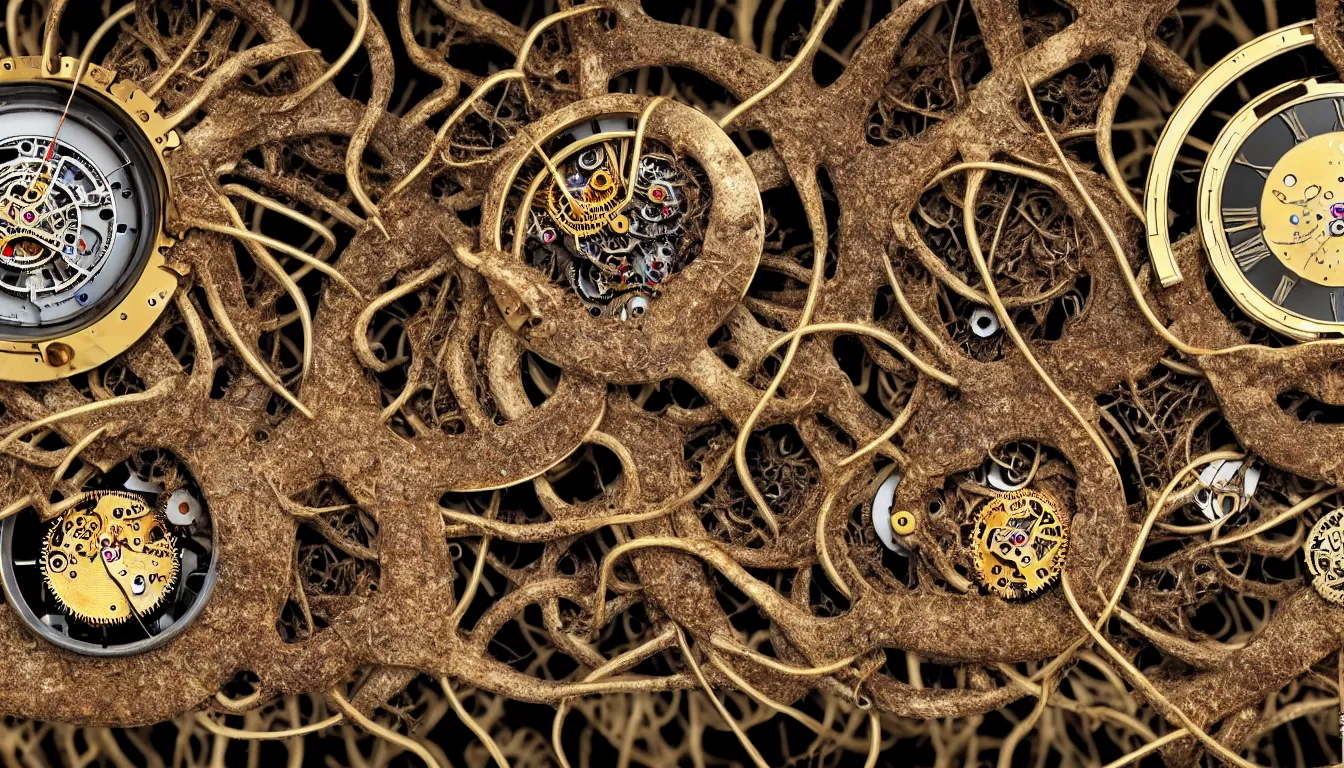 Image similar to detailed view from inside a clockwork watch, entangled roots covered in mushrooms, biomechanics, cracked earth, living spore microorganisms, decaying, rusty, hyper realistic photo, full colour, upscale, 8 k