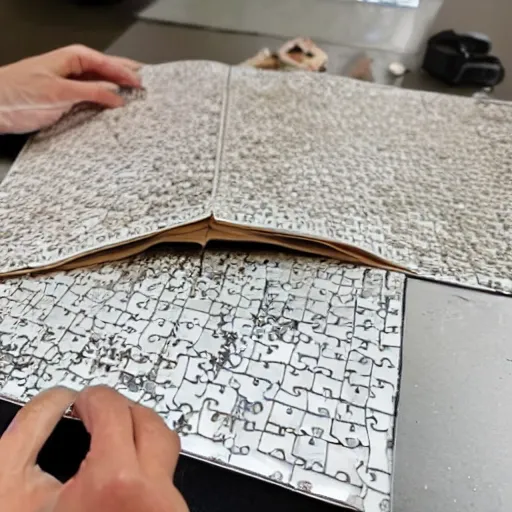 Image similar to Photograph of a book being constructed out of pieces like a giant puzzle