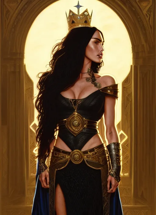 Prompt: portrait of megan fox as a queen, throne, jewelry, greek, black, intricate, headshot, highly detailed, digital painting, artstation, concept art, sharp focus, cinematic lighting, illustration, art by artgerm and greg rutkowski, alphonse mucha, cgsociety