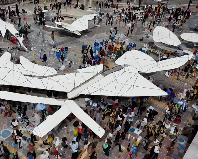 Image similar to photo of minimalist cubist sculpture of curvy space wings with random small mecha mayan decorations, covered with few large white airplane parts, gigantic size with people visiting