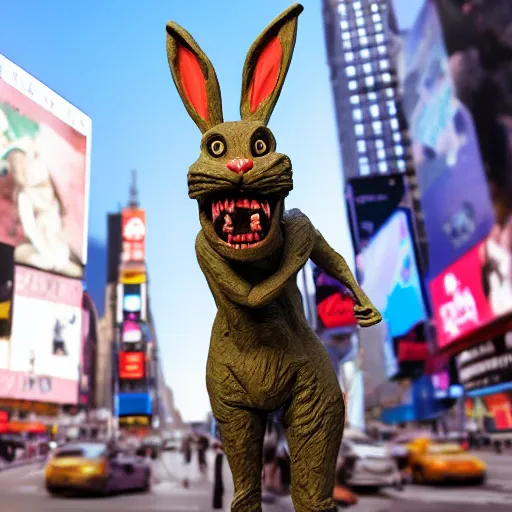 Image similar to a realistic plasticine sculpture of a very scary bunny with sharp teeth made by michelangelo, standing in times square, 3 d render, hyper detailed, sharp focus, 8 k resolution