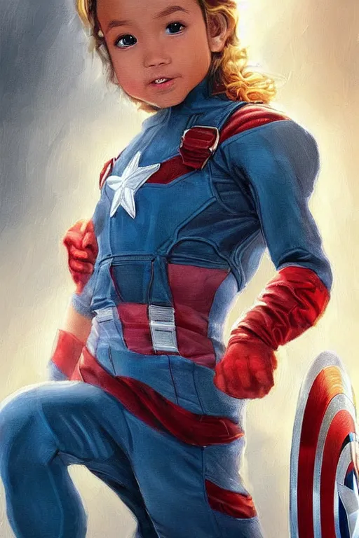 Prompt: a little girl with a mischievous face and light brown curly wavy hair. she is dressed as captain america, spider - man, batman, captain marvel, a superhero. clean elegant painting, beautiful detailed face. by artgerm and steve ditko