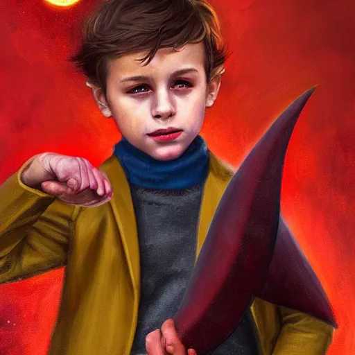 Prompt: colorful and festive captivating young child boy, brown fluffy hair, wearing red and yellow hero suit, shooting a crescent moon out of his fist. full body, rich vivid colors, ambient lighting, dynamic lighting, 4 k, atmospheric lighting, painted, intricate, highly detailed by charlie bowater