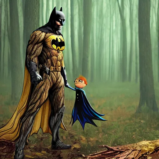 Image similar to batman meets groot in the woods digital art 4 k detailed super realistic