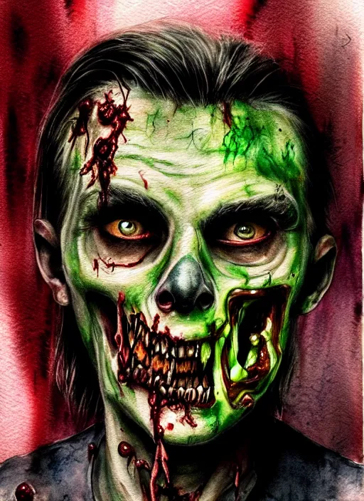 Prompt: zombie hollywood professional acting headshot, hyperrealism, intricate detailed, studio lighting, charming expression gesicht, talented watercolor, procreate illustration