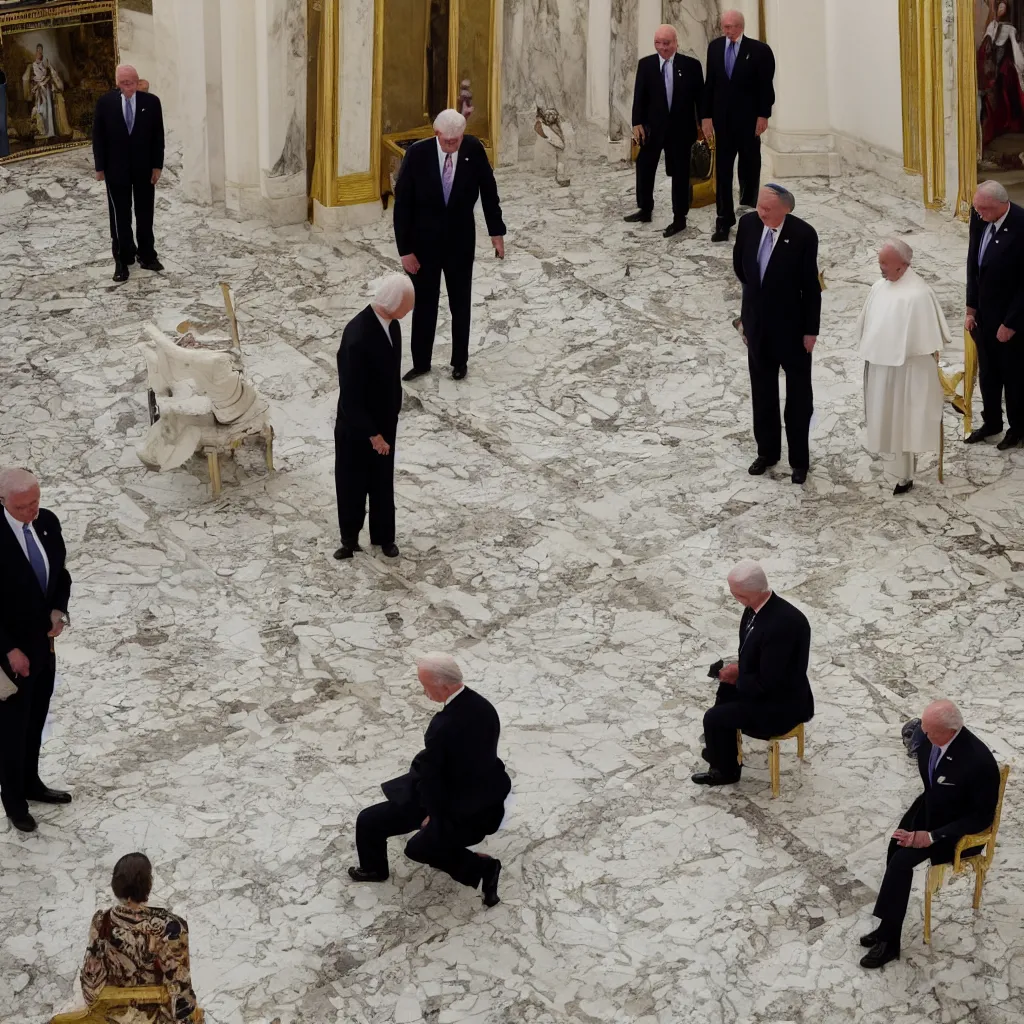 Prompt: Poopy pants joe Biden defecating in front of the pope in the Vatican award winning 35 millimeter photo by pete souza