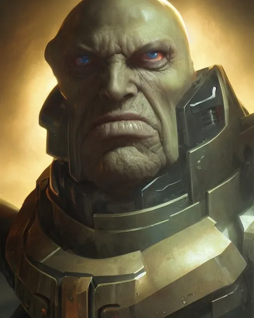 Image similar to hyper realistic portrait of heroic warhammer android head, cinematic, chaos marine, slaanesh, artstation, cgsociety, full head and shoulders, greg rutkowski, james gurney, mignola, craig mullins, brom