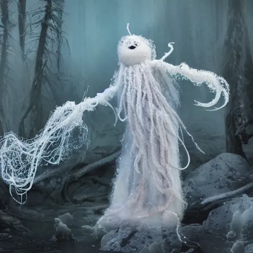 Image similar to a fluffy humanoid ethereal ghost like live action muppet wraith like figure with a squid like parasite taking over its head and four long tentacles for arms that flow gracefully at its sides like a cloak while it floats around a frozen rocky lake in the middle of the frozen woods searching for lost souls and that hides amongst the shadows in the trees, this character can control the ice and snow and has mastery of the shadows, it is known as the bringer of nightmares and the ruler of endless night terrors, it is a real muppet by sesame street, photo realistic, real, realistic, felt, stopmotion, photography, sesame street