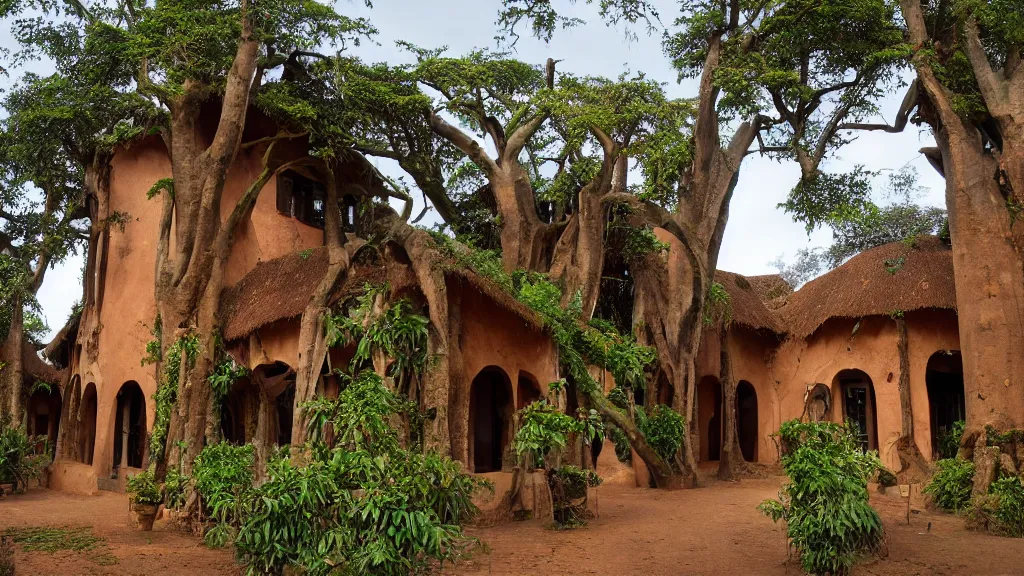 Prompt: west african village center, mixed with art nouveau, with wooden beams, covered in strangler fig and mossy foliage, mudbrick, stained glass windows, stone, baobab trees, like jurgen mayer, cinematic,