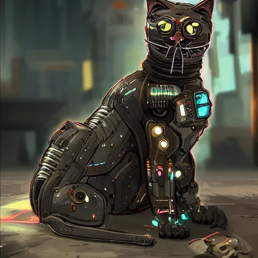 Prompt: a cyberpunk cyborg cat, trending on artstation