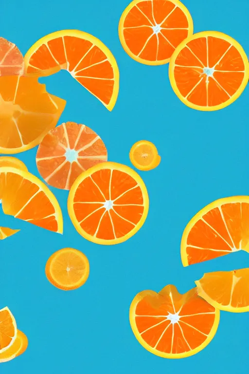 Image similar to a graphic design work of summer ,water,wave , orange and orange slices,blue theme and Yellow accents by Kenya Hara