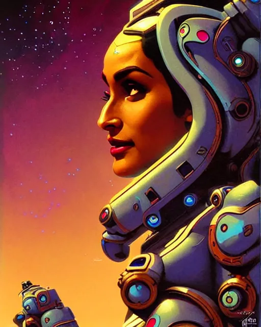 Prompt: symmetra from overwatch, character portrait, portrait, close up, concept art, intricate details, highly detailed, vintage sci - fi poster, retro future, in the style of chris foss, rodger dean, moebius, michael whelan, and gustave dore