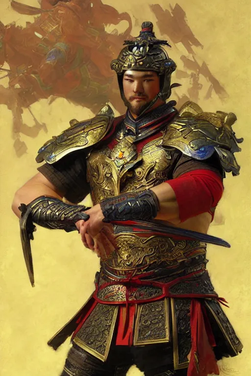 Prompt: attractive beefy male with armor, ming dynasty, character design, colorful paint, sweat, painting by gaston bussiere, craig mullins, j. c. leyendecker