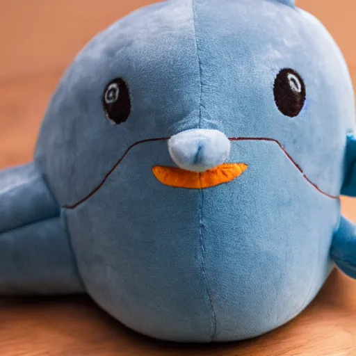 Image similar to close-up photograph of a happy dolphin, plush doll, 8k