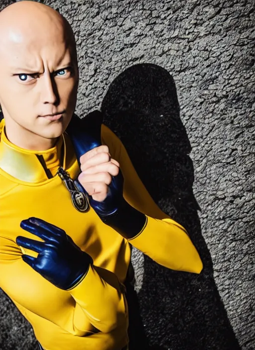 Image similar to A full portrait photo of real-life saitama one punch man, f/22, 35mm, 2700K, lighting, perfect faces, award winning photography.