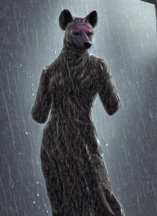 Prompt: digital artwork of anthromorphic hyena female, fursona, furry fandom, rainy cyberpunk setting, anthro, wearing large raincoat, detailed face,