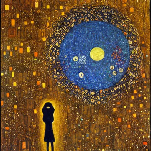 Image similar to a painting of a bird flying in front of a full moon in style of klimt