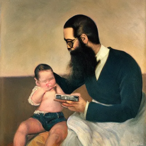 Image similar to painting of beard grandpa taking a photo to a baby girl, laszlo moholy