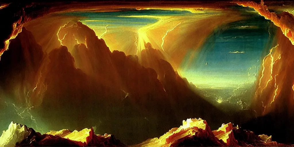 Image similar to heaven and hell painted by thomas cole