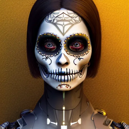 Image similar to ultra detailed, portrait of Female Android, dia de los muertos, scifi, cyberpunk, fantasy, intricate details, eerie, movie still, airbrush, matte painting, professional digital painting, artstation, concept art, smooth, sharp focus, no blur, no dof, extreme illustration, Unreal Engine 5, Photorealism, HD quality, 8k resolution, cinema 4d, 3D, beautiful, cinematic, art by artgerm and Godmachine and michael welan and DZO and greg rutkowski and alphonse mucha and loish and WLOP