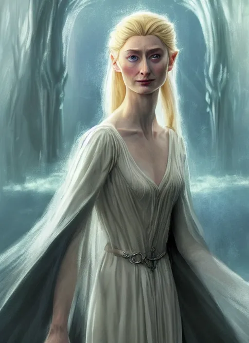 Prompt: beautiful radiant elizabeth debicki as galadriel, lord of the rings, lotr fanart, trending on artstation, character art, the hobbit, digital painting, concept art, smooth, sharp focus, illustration, art by artgerm and greg rutkowski, directed by peter jackson,