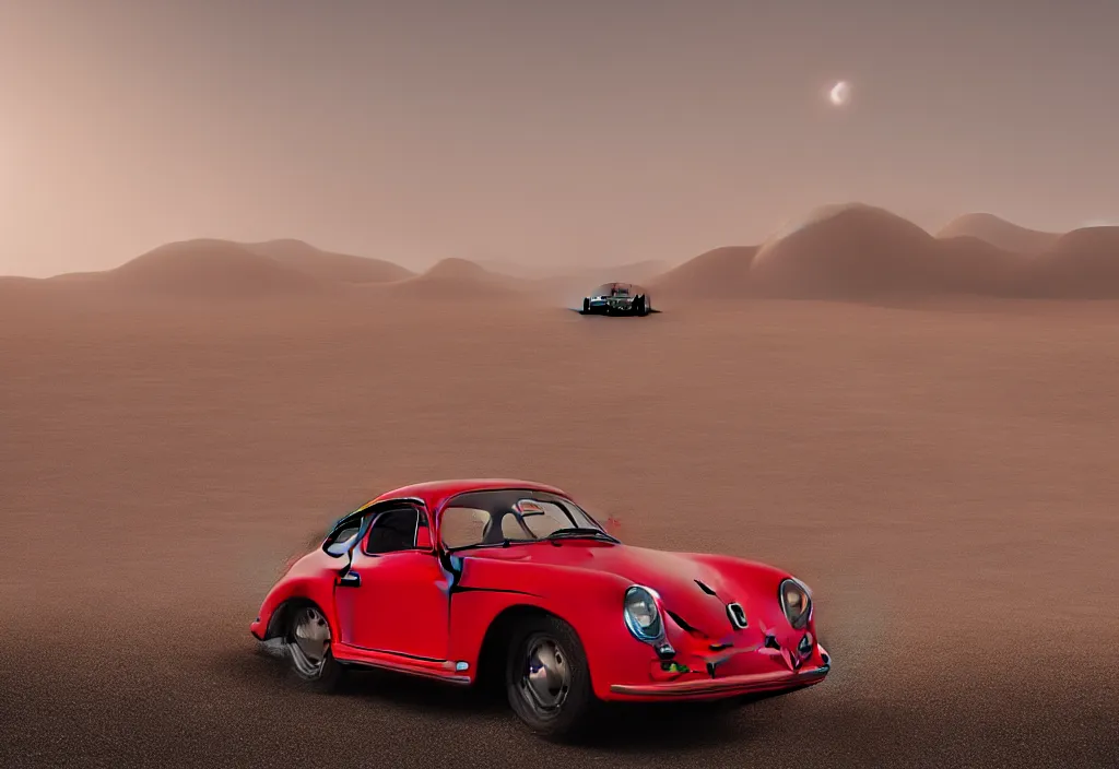 Image similar to “a red porsche 356 is parked in the middle of the desert, a matte painting by Scarlett Hooft Graafland, featured on unsplash, australian tonalism, anamorphic lens flare, cinematic lighting, rendered in unreal engine”