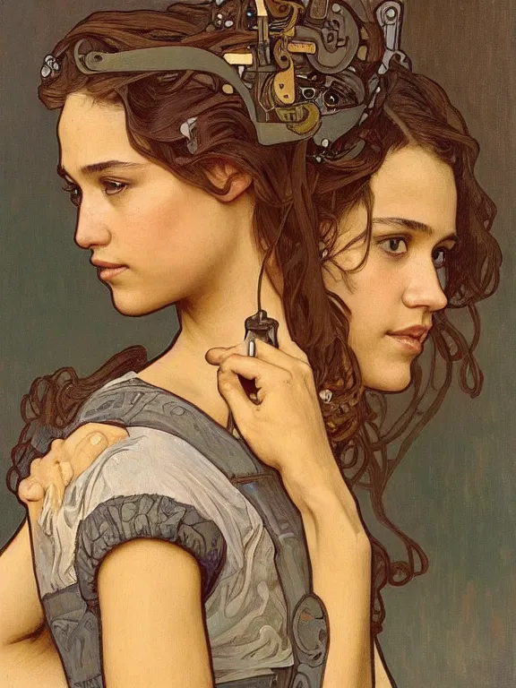 Prompt: an art nouveau style head and shoulders portrait oil painting of a pretty young alicia vikander or jessica alba as a mechanic in a dirty coveralls holding a wrench, in front of a round, complex rotary airplane engine, intricate, detailed, smooth, complex, elaborate, by alphonse mucha and james gurney and john william waterhouse and bouguereau