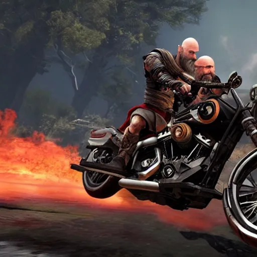 Image similar to kratos jumping a black harley - davidson motorcycle off a cliff, cinematic render, playstation studios official media, god of war 2 0 1 8, flames, centered