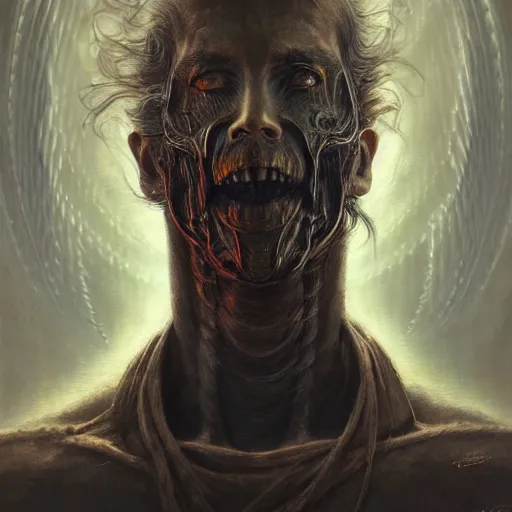 Image similar to a portrait of Adam Scott from the show Severance, sci-fi concept art by giger and beksinski and szukalski and wlop and pete mohrbacher, digital art, highly detailed, intricate, horror, sharp focus, Trending on Artstation HQ, deviantart, unreal engine 5, 4K UHD image