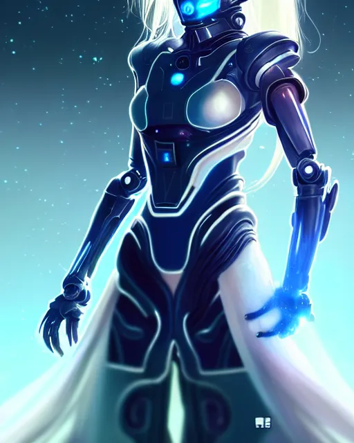 Image similar to perfect android girl family, full body character design, warframe armor, beautiful face, scifi, futuristic, galaxy, nebula, bae suzy, dreamy, long white hair!!!, blue eyes, bold fashion and strong silhouettes, cinematic lighting, highly detailed, artstation, divine, by huifeng huang, smooth gradient.