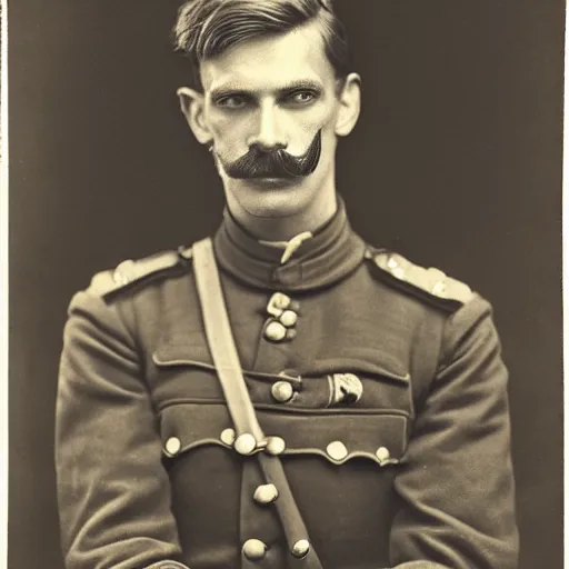 Prompt: late 1 9 th century, austro - hungarian!!! soldier ( handsome, 2 7 years old, redhead michał zebrowski with a small mustache ). old, sepia tones, detailed, hyperrealistic, 1 9 th century portait by yousuf karsh