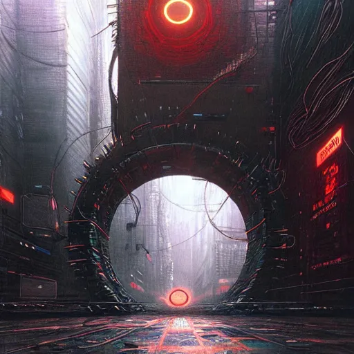 Image similar to perfect Circle Portal in the middle of a cyberpunk city. Tsutomu Nihei, Beksinski, ArtStation.