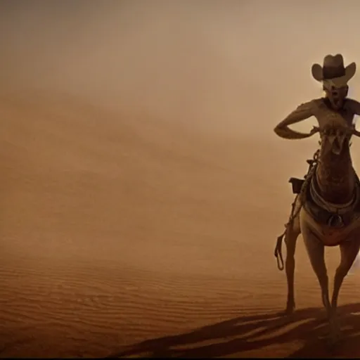 Image similar to frame from movie rango (2011), movie madmax fury road (2015) in a sandstorm