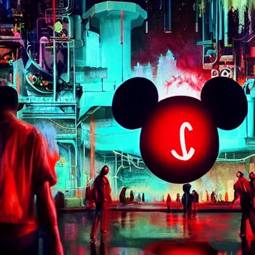 Prompt: a group of people around a giant giant mickey mouse wounded head with blood, netflix logo, cyberpunk art by david lachapelle, cgsociety, dystopian art by industrial light and magic, dark concept art, neons, interior