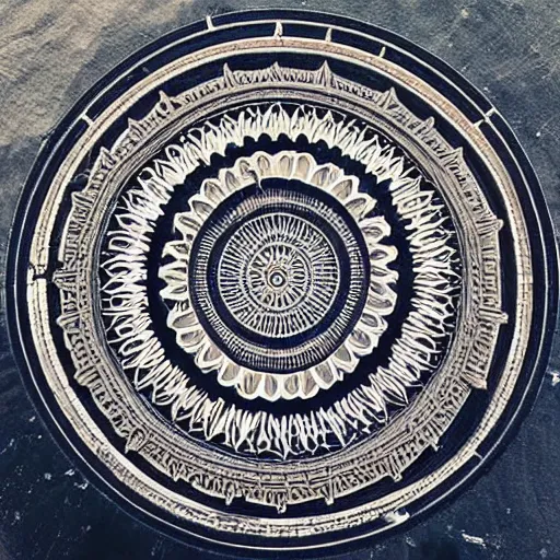 Prompt: mandala carved into landscape, can be seen from outer space