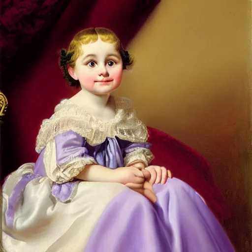 Image similar to portrait of a german toddler princess sitting down in a silk lavender gown, circa 1 8 3 7, by carl joseph begas, highly detailed, beautiful, oil on canvas, 1 8 3 0 s, romanticism