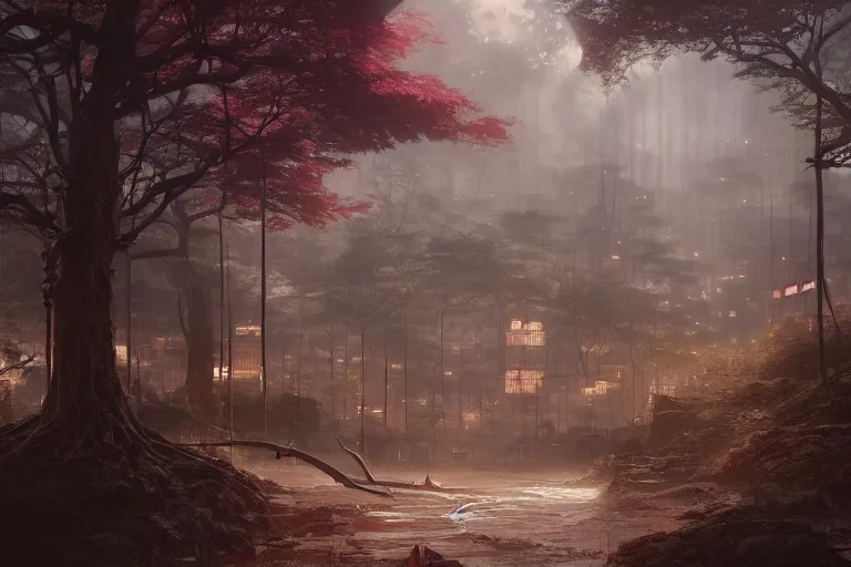 Prompt: hidden feudal japanese city, metropolis, magical, dramatic lighting, painted by tom bagshaw, James Jean and Wayne Barlowe and moebius, high details , cinematic, denoised, octane render, lush forest, cgsociety, artstation trending 8k